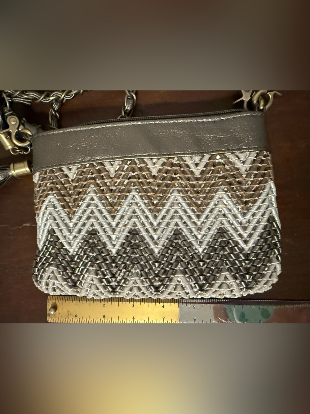 Big Buddha Metallic Chevron Woven Crossbody in Brown, Gray and Cream